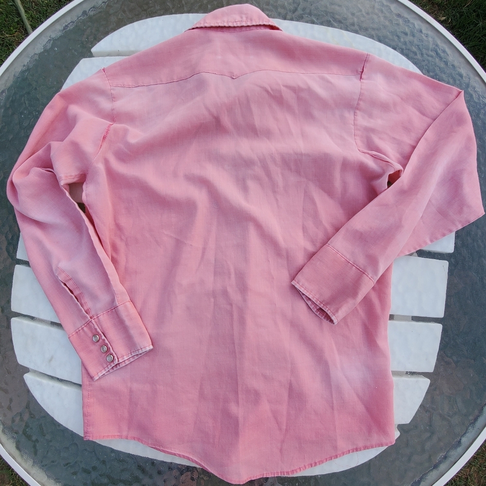VINTAGE BRONCO WESTERN WEAR PINK DISTRESSED LONG SLEEVE PEARL SNAP - Picture 9 of 13